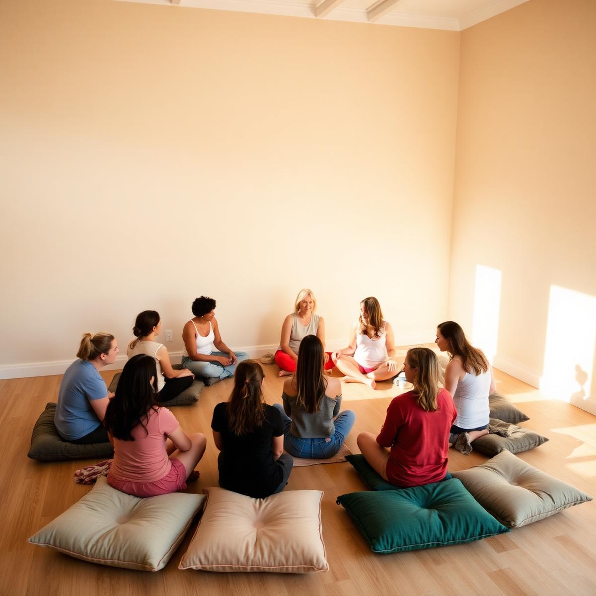 A small group sitting in a circle in a warm, softly lit room.