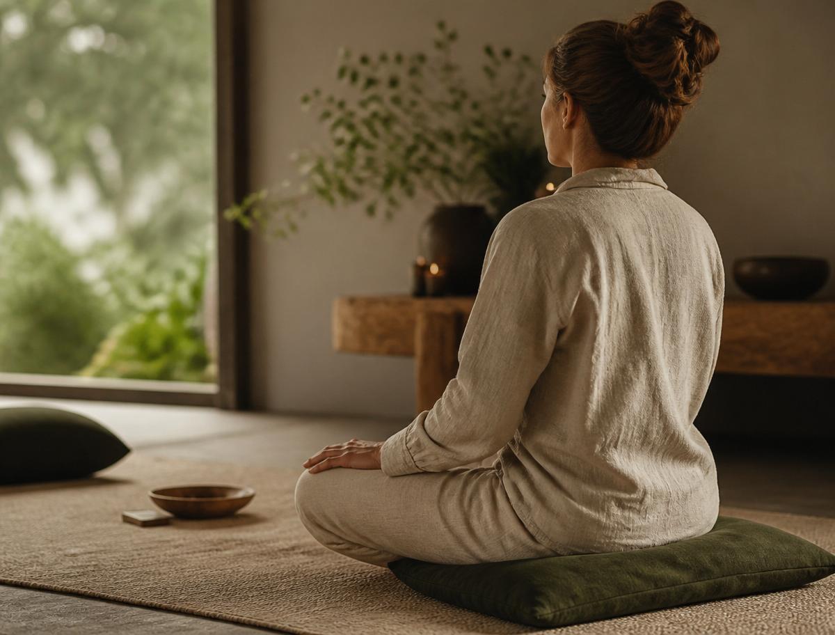 A person resting during a breathwork session in warm natural light.