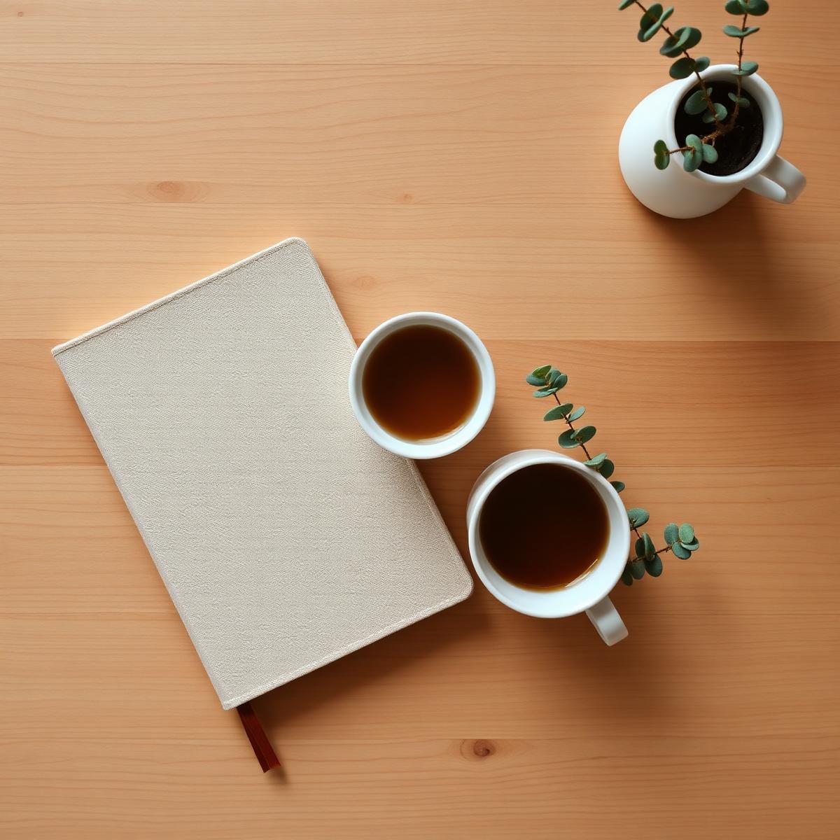 A linen notebook and a cup of tea on a warm wooden desk.